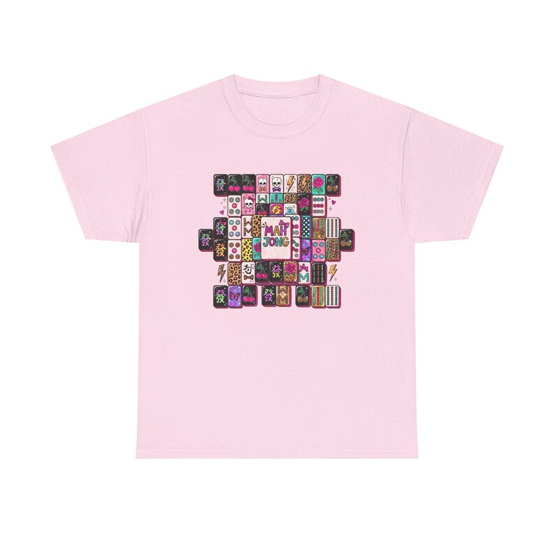 Mahjong Tile Collage Tee | Mahjong Tiles Pattern Shirt Light Pink