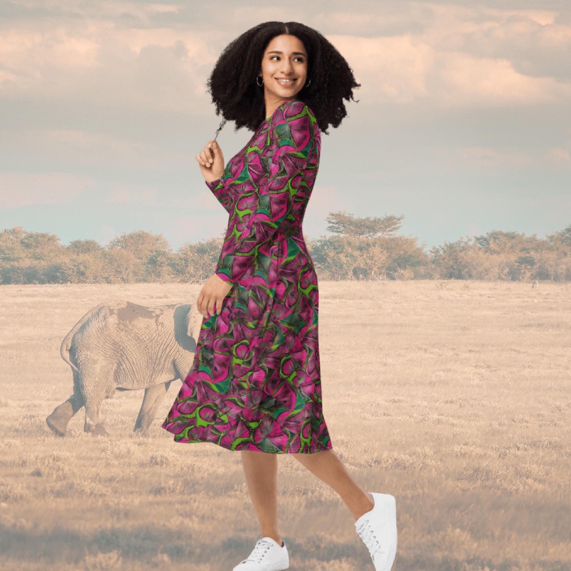Pink & Green African Print Midi Dress: Afrocentric Long Sleeve Pocket Dress Pink & Green African Print Midi Dress: Afrocentric Long Sleeve Pocket Dress