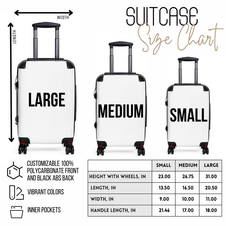 K&ouml;nnte beinhalten: Koffergr&ouml;&szlig;en-Tabelle mit drei Koffern: ein gro&szlig;er, ein mittlerer und ein kleiner Koffer. Die Tabelle zeigt die H&ouml;he mit Rollen, L&auml;nge, Breite und Griffl&auml;nge in Zoll f&uuml;r jede Gr&ouml;&szlig;e.