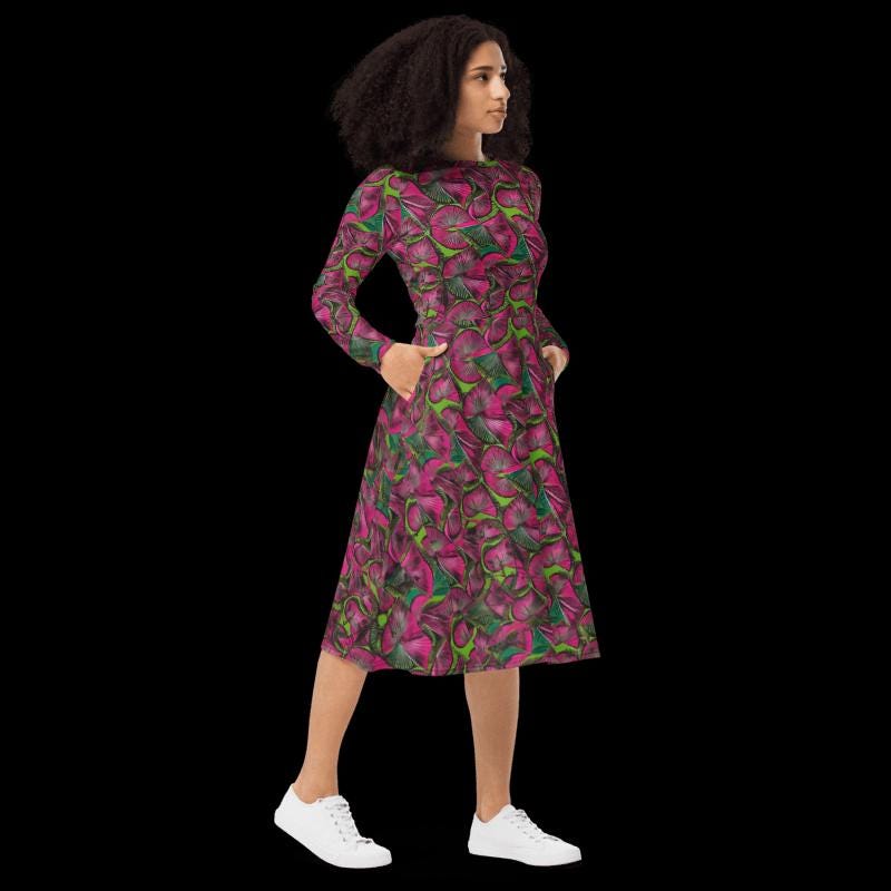 Pink & Green African Print Midi Dress: Long Sleeve Ethnic Fashion