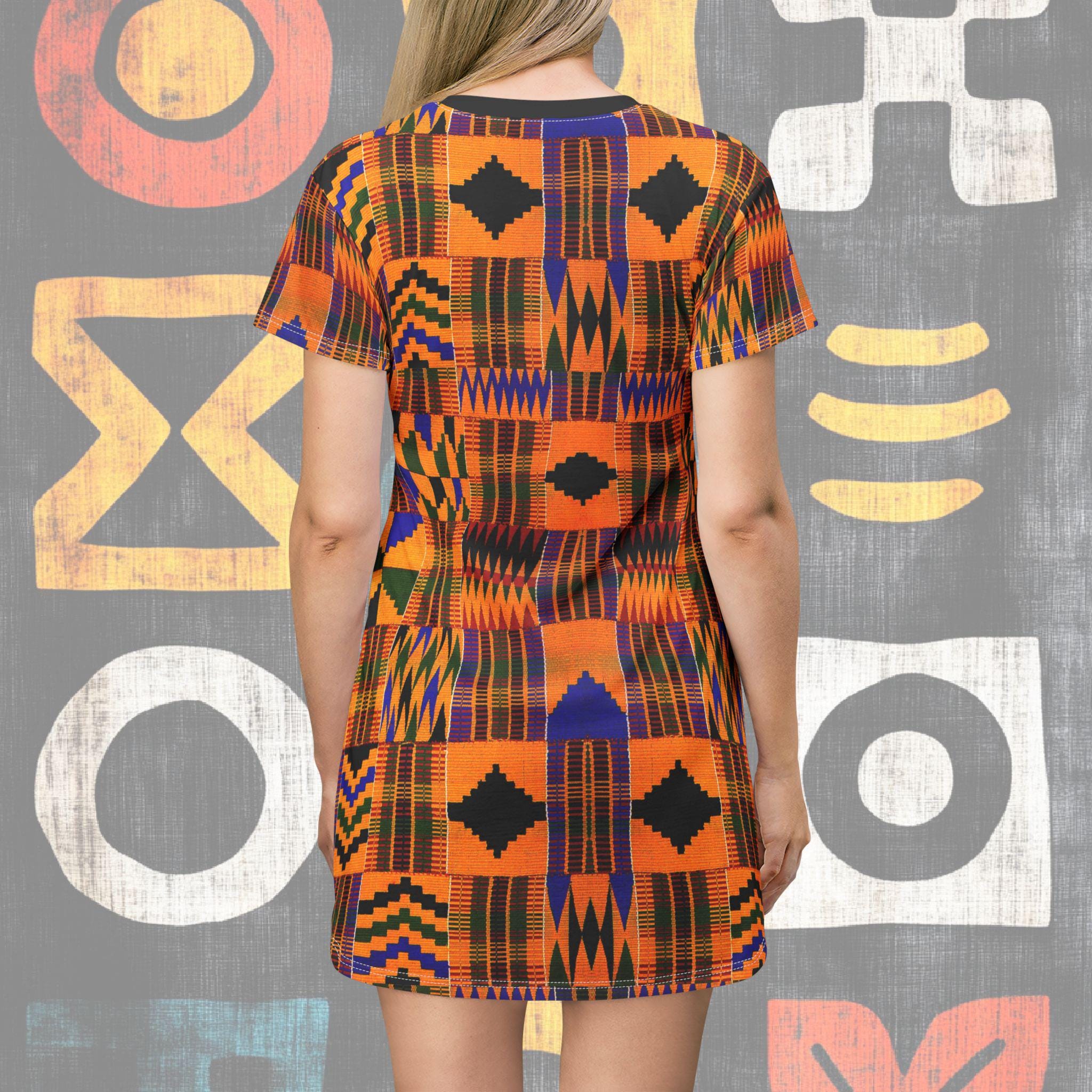 kente shirt dress Vibrant Kente Print T-Shirt Dress: African Style Polyester Fabric