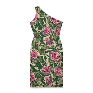 Pink Roses and Pearls Shoulder Dress, Floral One-Shoulder Dress, Elegant Summer Dress for Weddings, Boho Chic Beachwear