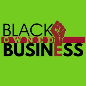 Puede incluir: Texto "Black Owned Business" con un pu&ntilde;o en alto en rojo y una l&iacute;nea roja a trav&eacute;s del texto.