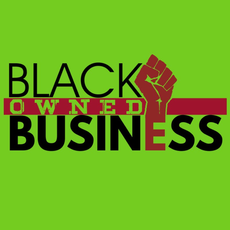 Puede incluir: Texto "Black Owned Business" con un pu&ntilde;o en alto en rojo y una l&iacute;nea roja a trav&eacute;s del texto.