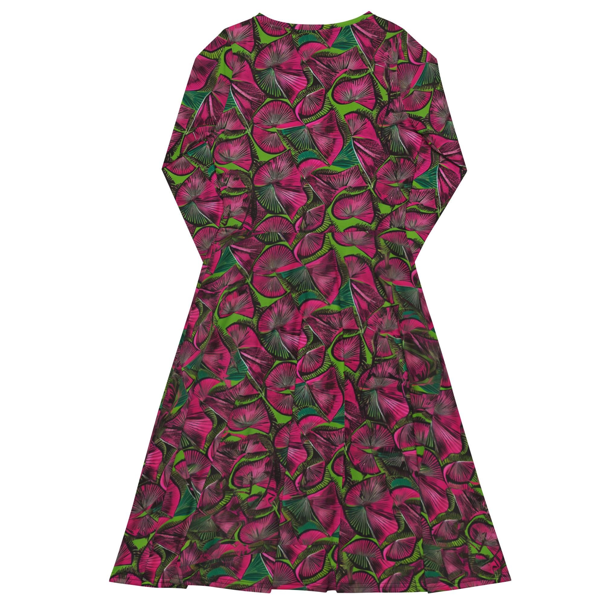 Pink & Green African Print Midi Dress: Afrocentric Long Sleeve Pocket Dress