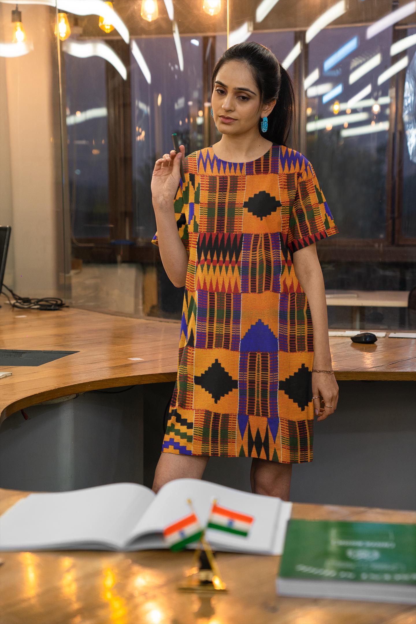 kente shirt dress Vibrant Kente Print T-Shirt Dress: African Style Polyester Fabric