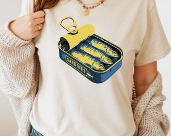 Sirens & Sardines Shirt, Mermaid in Sardine Can Tee, Vintage Nautical Graphic T-Shirt, Coastal Shirt Ocean Lover Gift, Retro Mermaid Art Tee