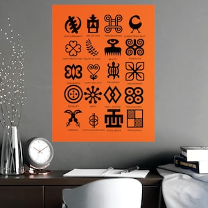 Adinkra Ghana West Africa Art Inspirational Orange Matte Poster, Home Decor Wall Art, Motivational Gift for Office, Living Room, Classroom,