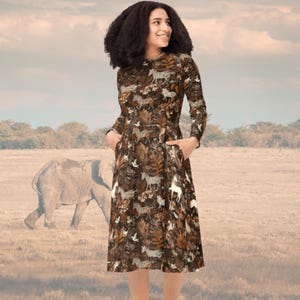 African Print Midi Dress: Zebra, Bird, Botanical Design