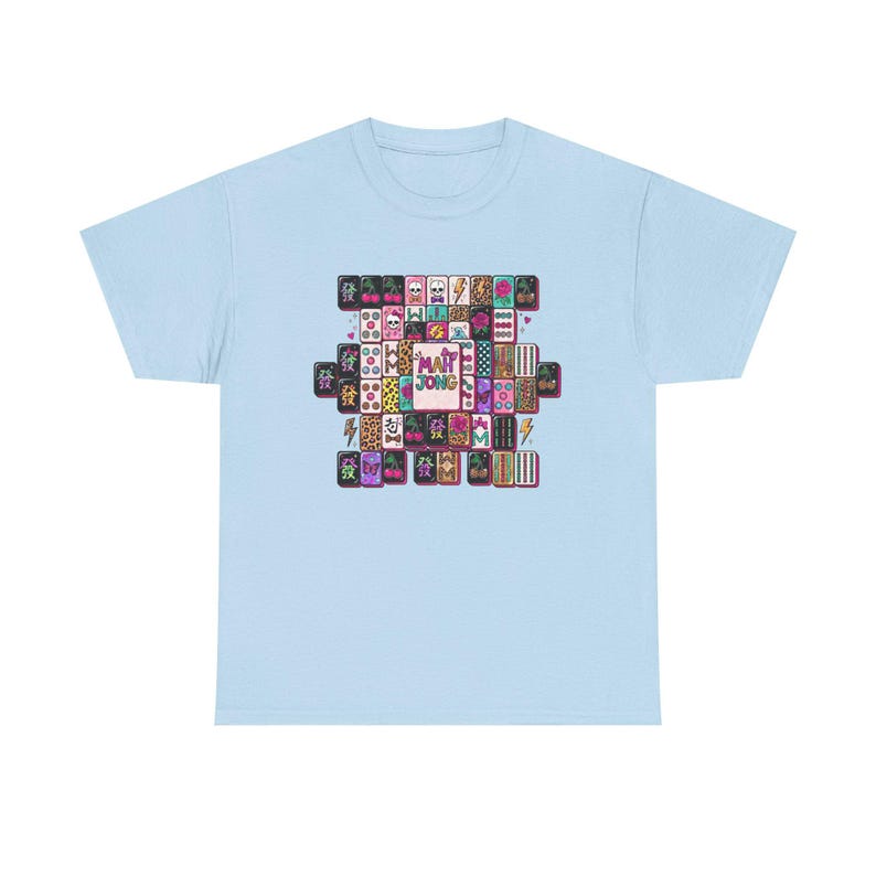 Mahjong Tile Collage Tee | Mahjong Tiles Pattern Shirt Light Blue