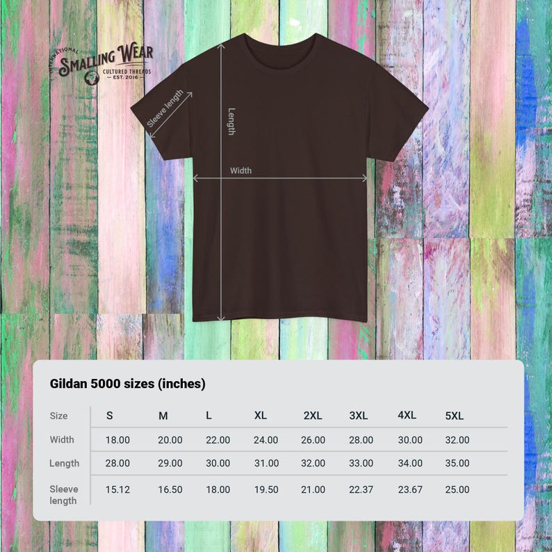 May include: A dark brown short-sleeve t-shirt with a size chart overlay. The chart displays Gildan 5000 sizes in inches, listing width, length, and sleeve length measurements for sizes S through 5XL. The Smalling Wear logo is visible in the corner.