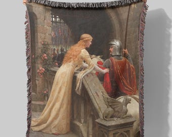 Manta tapiz «Que Dios te acompañe», decoración de pared romántica de despedida de caballero, arte prerrafaelita, manta tejida medieval caballeresca