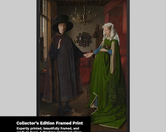 May include: Framed print of a Renaissance-style painting. A man in a black hat and cloak gestures towards a woman in a green dress and white headdress. The print is framed in black and includes the text "Collector's Edition Framed Print".