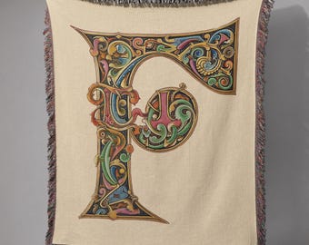 Medieval Letter F Tapestry Blanket – Gothic Dragon Unicorn Art