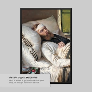 Puede incluir: Una impresión enmarcada de una pintura que representa a una persona acostada en la cama, que parece enferma. La persona tiene una venda en la cabeza y está rodeada de almohadas y ropa de cama. Una taza de té y una rosa están sobre una mesa pequeña. Texto: Descarga digital instantánea.