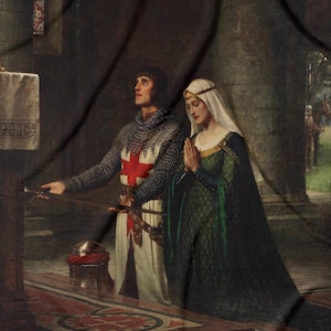 Middeleeuwse deken ridder en dame – renaissance muurkunst – ridderordedecor – romantische plaid – huwelijkscadeau – prerafaëlitisch wandtapijt