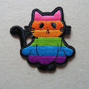 Emo Cat Embroidered Iron-on Patch Retro Animal Cartoon Patches for Clothing Neon Badge Dark Kawaii Rainbow Fabric Pin Badge Sewing DIY