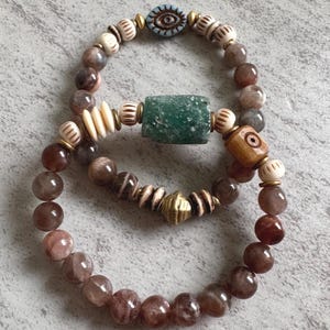 Black Moonstone Bracelets with Roman Glass or Evil Eye Bead, Handmade Jewelry