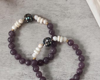 Lepidolite & Mother of Pearl Stretch Bracelet; Coastal Boho Jewelry, Focal Bead Bracelet; Gift for Her, Crystal Jewelry
