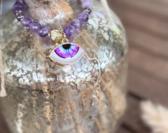 Amethyst & Glass Rondelle Evil Eye Stretch Bracelet, Gift for Her, Talisman Jewelry, Boho Chic, Faceted Round, Turkish Charm