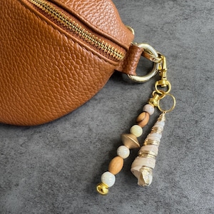 Purse/Bag Charm with Wood, Glass, & Seashell; 2 Variations Avalable; Purse and Phone Accessory; Summer Keychain; Gold Boho Beach Keychain