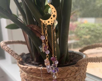 Gold Sun Moon Suncatcher with Purple Crystal | Celestial Boho Window Hanging