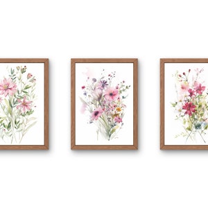 Pink Watercolor Wildflower Digital Print Set, Botanical Wall Art, Farmhouse Decor, Boho Wall Art, Printable Wall Art, Instant Download