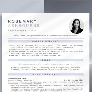May include: A professional resume template featuring the name "Rosemary Ashbourne" and contact details. The document is structured with sections for career summary, skills, and work experience, using bullet points and a headshot.