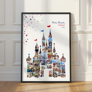 May include: A framed vertical poster featuring a collage of photographs arranged in the shape of a castle. The design includes red, white, and blue star accents and the text "Magical Memories California 2024" printed in blue and red ink.