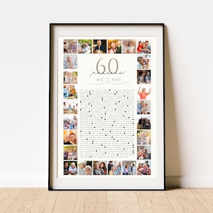 Puede incluir: Una impresión enmarcada con un borde negro, que presenta un collage de fotos y texto. El texto dice "60 razones por las que te amamos" en una fuente decorativa. La impresión incluye una serie de fotos pequeñas y una lista de razones.