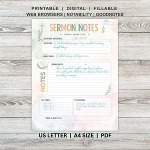 Peut inclure: Un modèle de notes de sermon imprimable avec un fond aquarelle pastel. L'en-tête indique SERMON NOTES avec des sections pour la référence biblique, le thème principal, les notes, les points clés, les questions et les actions à entreprendre.