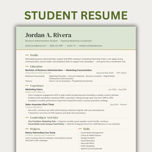 May include: A professional student resume template for Jordan A. Rivera, featuring a light green header, dark green text, and sections for profile, education, experience, leadership, projects, and skills on a clean, organised white background.