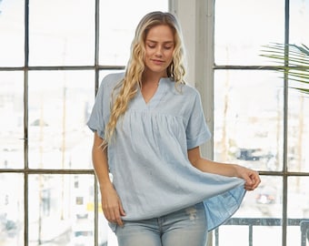 Chic Comfort: Cotton Gauze V-Neck Baby-Doll Blouse