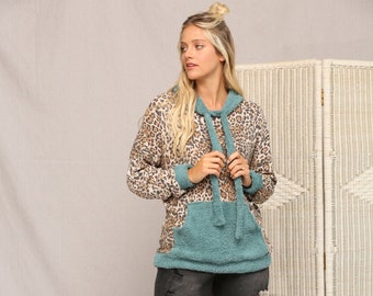 Wild & Cozy: Animal Print Waffle Hoodie for Trendy Comfort