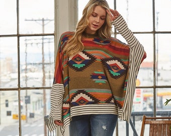 Cozy Chic: Mock Neck Aztec Print Oversized Poncho for Effortless Style!