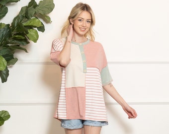 Tri-Blend Soft Jersey Knit Solid and Stripe Color-Block Button Front Short Sleeve Henley Top