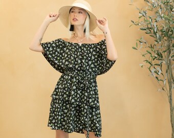 Floral Print Poly Moroccan Off Shoulder Ruffle Layered Dress Belted