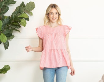 Gingham Glamour: Tiered Ruffle Cap Sleeve Blouse