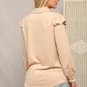 Suede Elegance: Ruffled Button Down Chic Blouse image 10