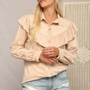 Suede Elegance: Ruffled Button Down Chic Blouse Beige
