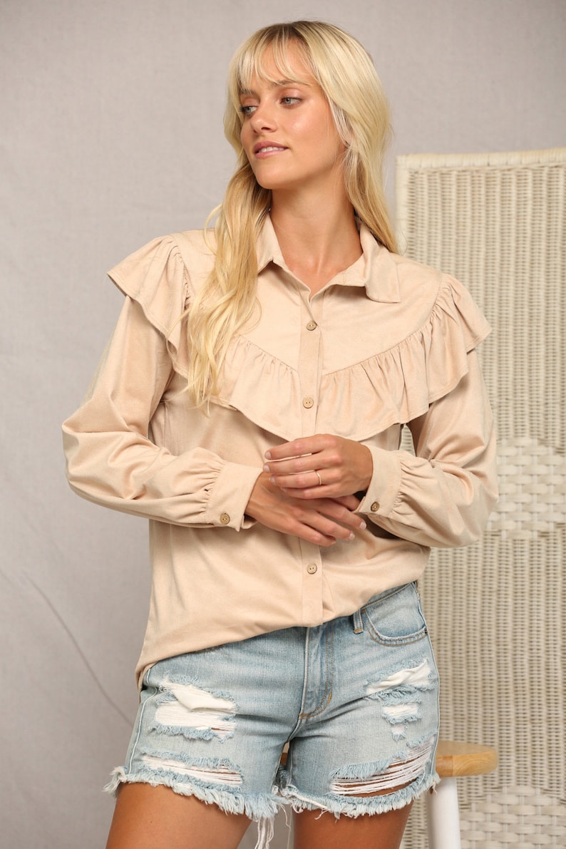 Suede Elegance: Ruffled Button Down Chic Blouse Beige