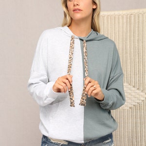 Chic Comfort Upgrade: Color-Blocked French Terry Hoodie Sweatshirt Blue