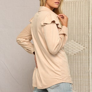 Suede Elegance: Ruffled Button Down Chic Blouse image 9