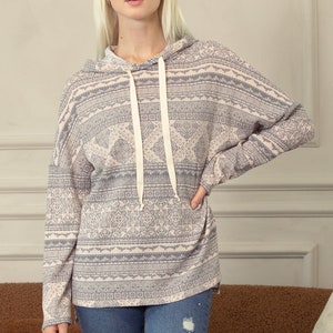 Warm Hugs and Boho Prints: Aztec Waffle Knit Hoodie Blue