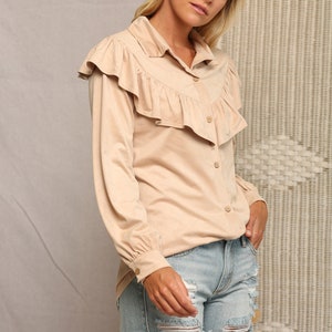 Suede Elegance: Ruffled Button Down Chic Blouse image 7