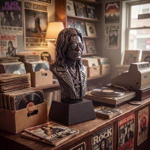 May include: A silver bust of a musician with long hair and round glasses stands on a black base. The bust is in a record store with vinyl records, posters, and a vintage cash register. Posters include "Ozzy Osbourne" and "Led Zeppelin".