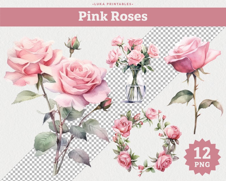 Pink Roses | Watercolor Clipart | Flower Clipart - Etsy