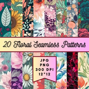 Pode incluir: 20 padrões florais sem costura em formato JPG e PNG, 300 DPI, 12x12 polegadas. Os padrões apresentam uma variedade de flores, folhas e outros elementos botânicos em uma variedade de cores.