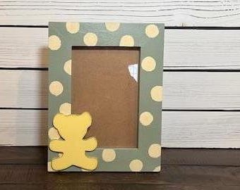 Baby Photo Frame, Picture Frame With Teddy Bear, Polka Dotted Baby Frame, Frame for Nursery, Gender Neutral Picture Frame, 4x6 Baby Frame