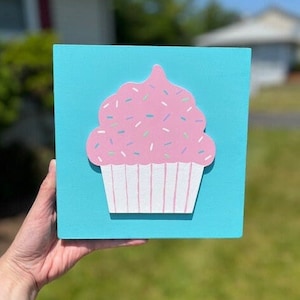 Cupcake Decor, 8&quot;x8&quot; Wood Cupcake Sign, Kids&#39; Cupcake Sign, Cupcake With Pink Frosting Sign, Pink Cupcake Sign, Bakery Decor, Kitchen Decor